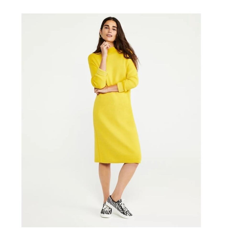 Ann Taylor Mock Neck Long Sleeve Soft Knit Midi Dress Yellow Size Small